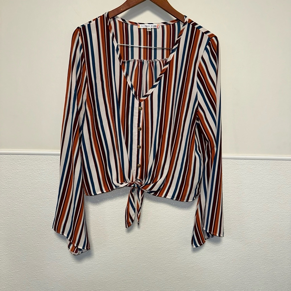 Women's Fashion Muse Blouse, XL, Multicolor Stripes Long Sleeve Tie Bottim - Picture 6 of 9